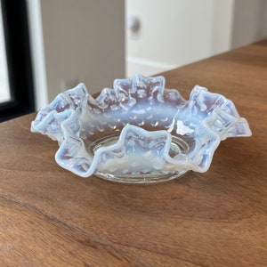 Fenton White Opalescent Hobnail Glass Ruffled Edge Vintage 6 &quot;Candy Dish