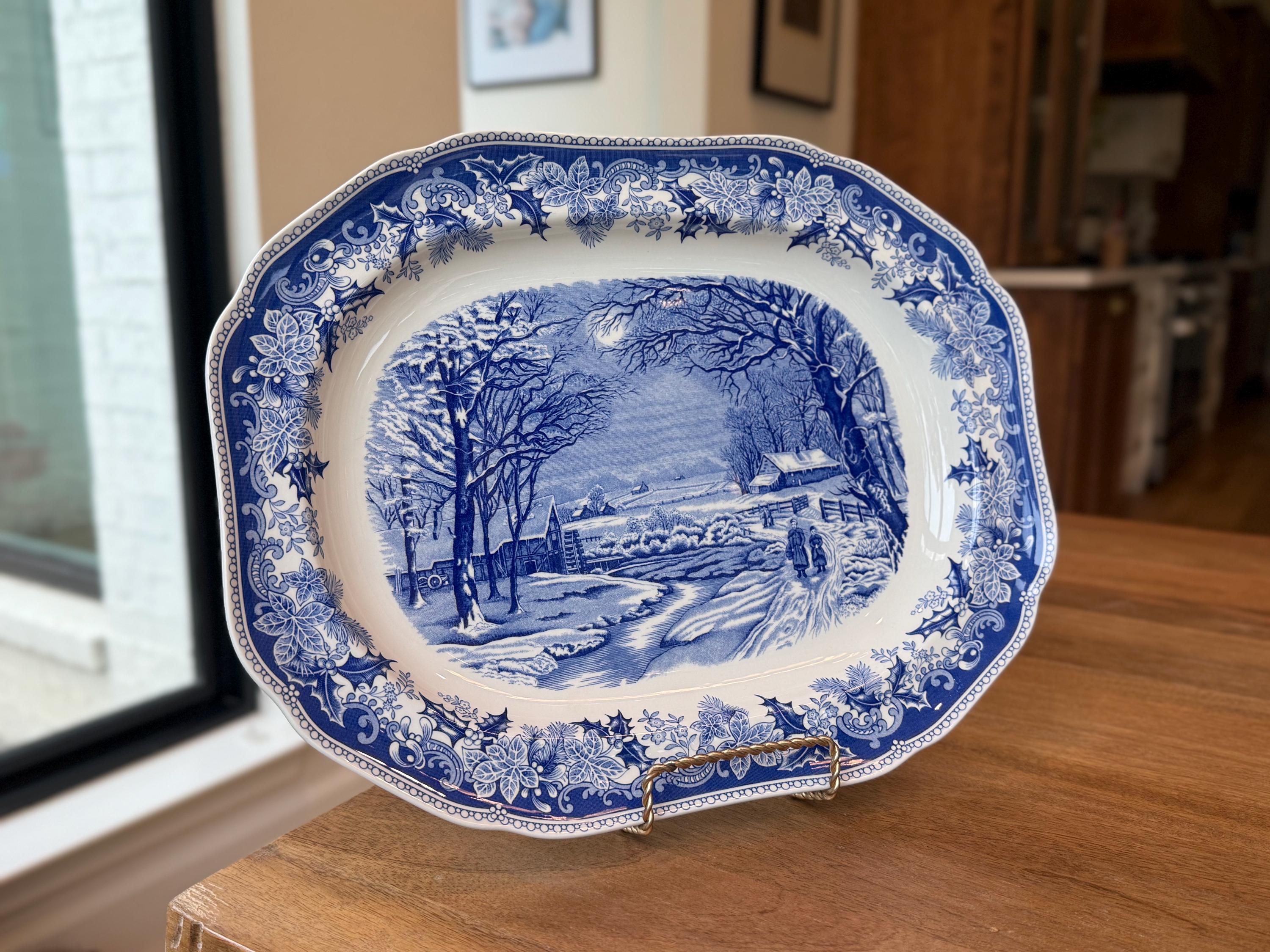 Spode Winter's Eve White & Blue Platter Scalloped Edge (england