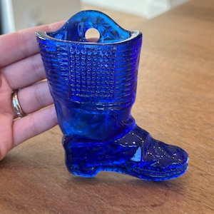 Cobalt Blue Glass Boot Match Holder with Wall Mount Hole