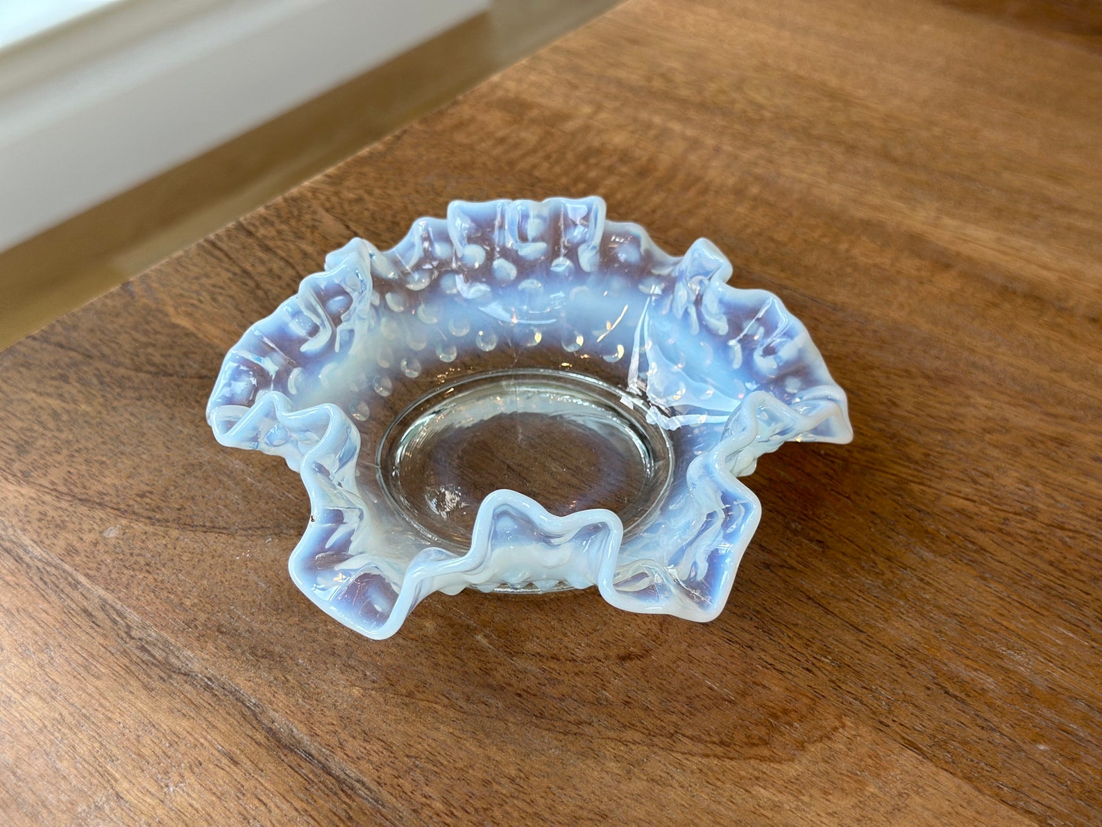 Fenton White Opalescent Hobnail Glass Ruffled Edge Vintage 6" Candy ...