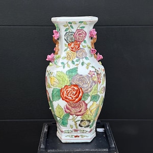 Vintage Porcelain Floral Urn; Vintage Floral Vase; Chinese Vase