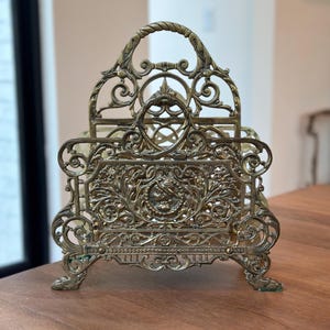 Ornate Vintage Brass Filigree Magazine Holder