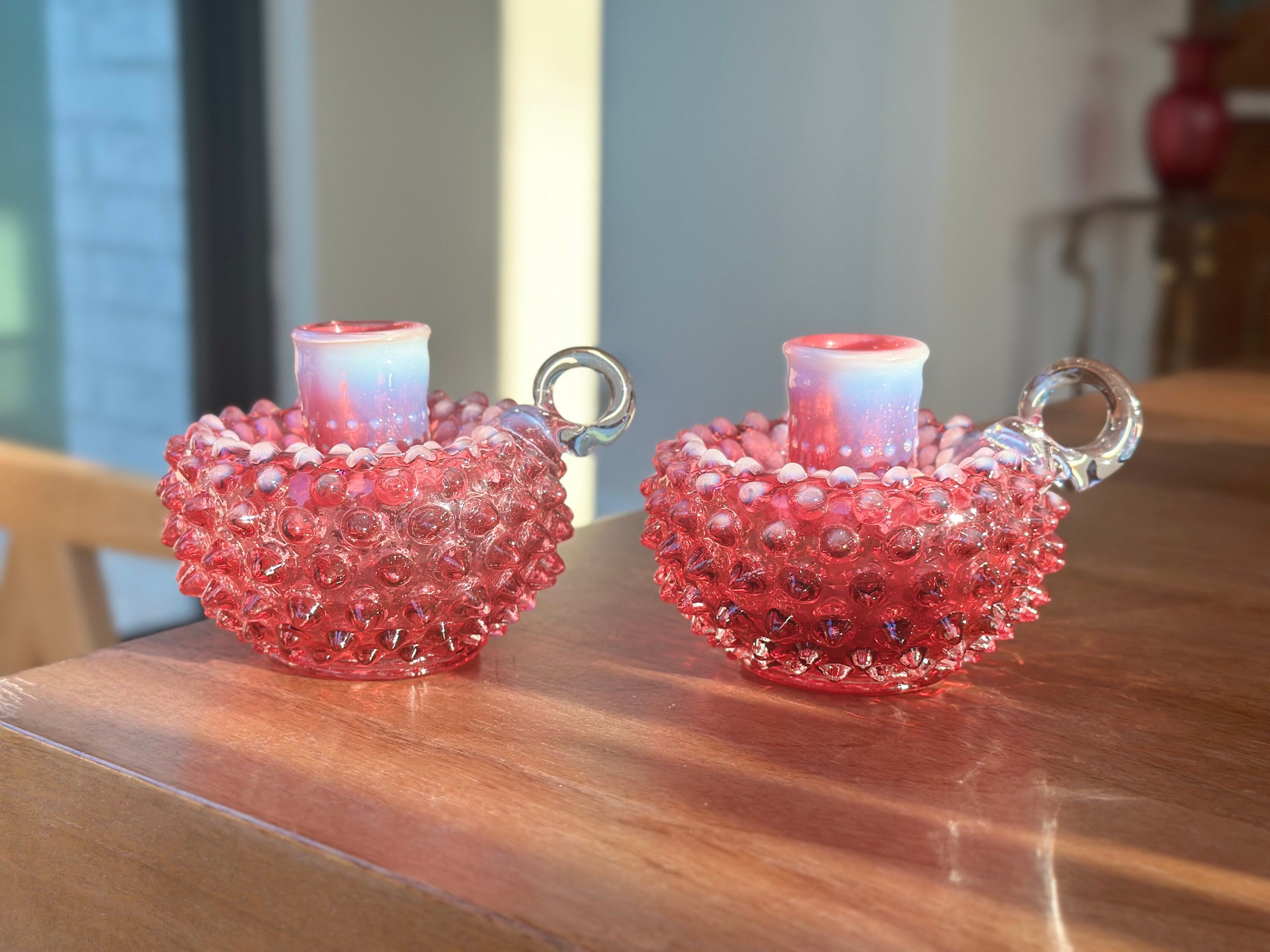 Vintage Pair of Fenton Hobnail Cranberry Glass Candle