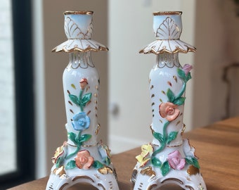 Porcelain Rose Candle Holder Dresden Style - Pair