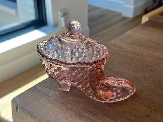 Vintage Victorian Shoe Pink Glass Hobnail Candy Dish With Lid - Etsy