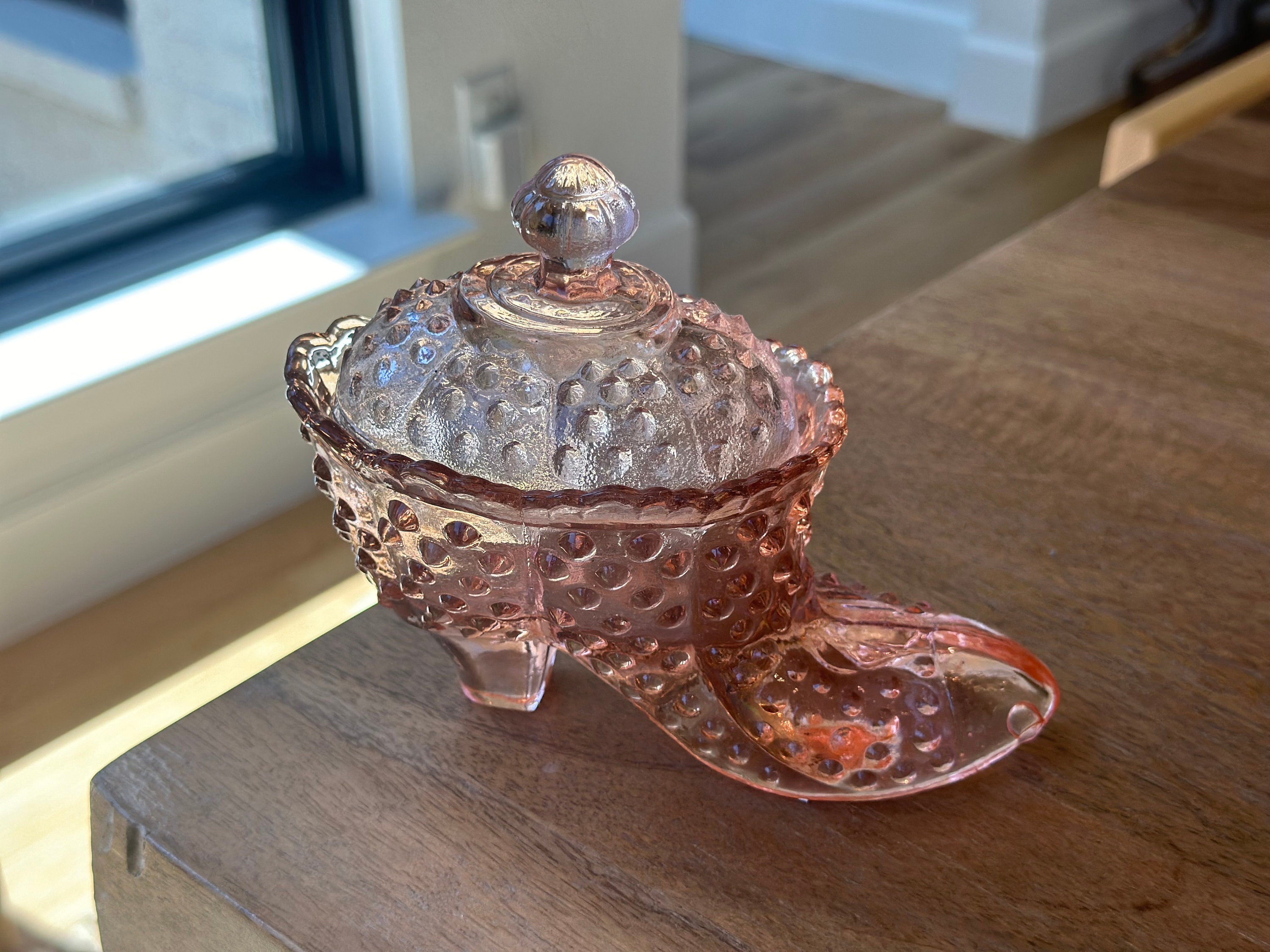 Vintage Victorian Shoe Pink Glass Hobnail Candy Dish With Lid - Etsy