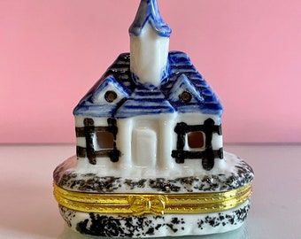 Speckled Church Trinket Box; Blue Trinket Box; Vintage Trinket Box; Porcelain Hinged Trinket Box