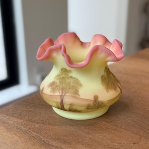 Hand Painted Fenton Burmese Glass Ruffled Edge Vase; Fenton Uranium Glass