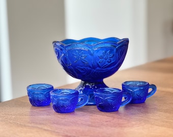 Cobalt Blue Miniature Punch Set; Art Glass Child’s Punch Bowl Set