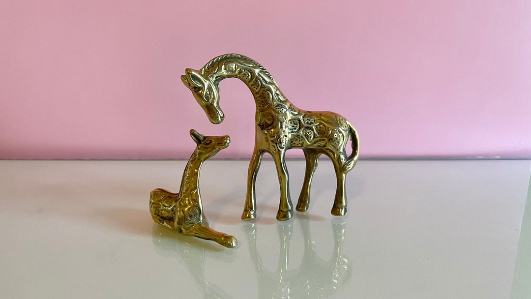 Pair of Brass Giraffes Figures Mom and Baby Giraffe Statues Brass Giraffe Figurine Vintage Brass