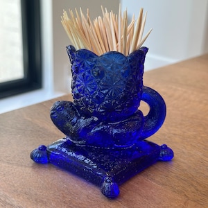 Vintage Cobalt Blue Daisy and Button Otter Toothpick Holder; Cobalt Blue Toothpick Holder