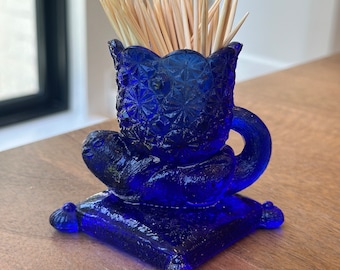 Vintage Cobalt Blue Daisy and Button Otter Toothpick Holder; Cobalt Blue Toothpick Holder