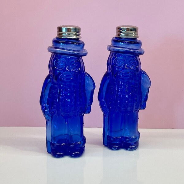 Vintage Mr Peanut Salt and Pepper Shakers - Cobalt Blue; Vintage Salt Shaker; Vintage Pepper Shaker; Pink Depression Glass