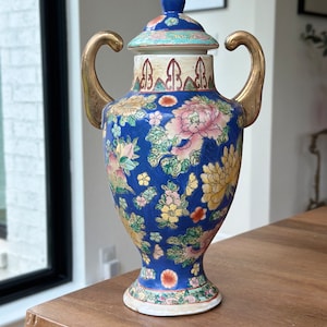 Vintage Porcelain Urn with Gold Handles with Lid; Chinese Vase