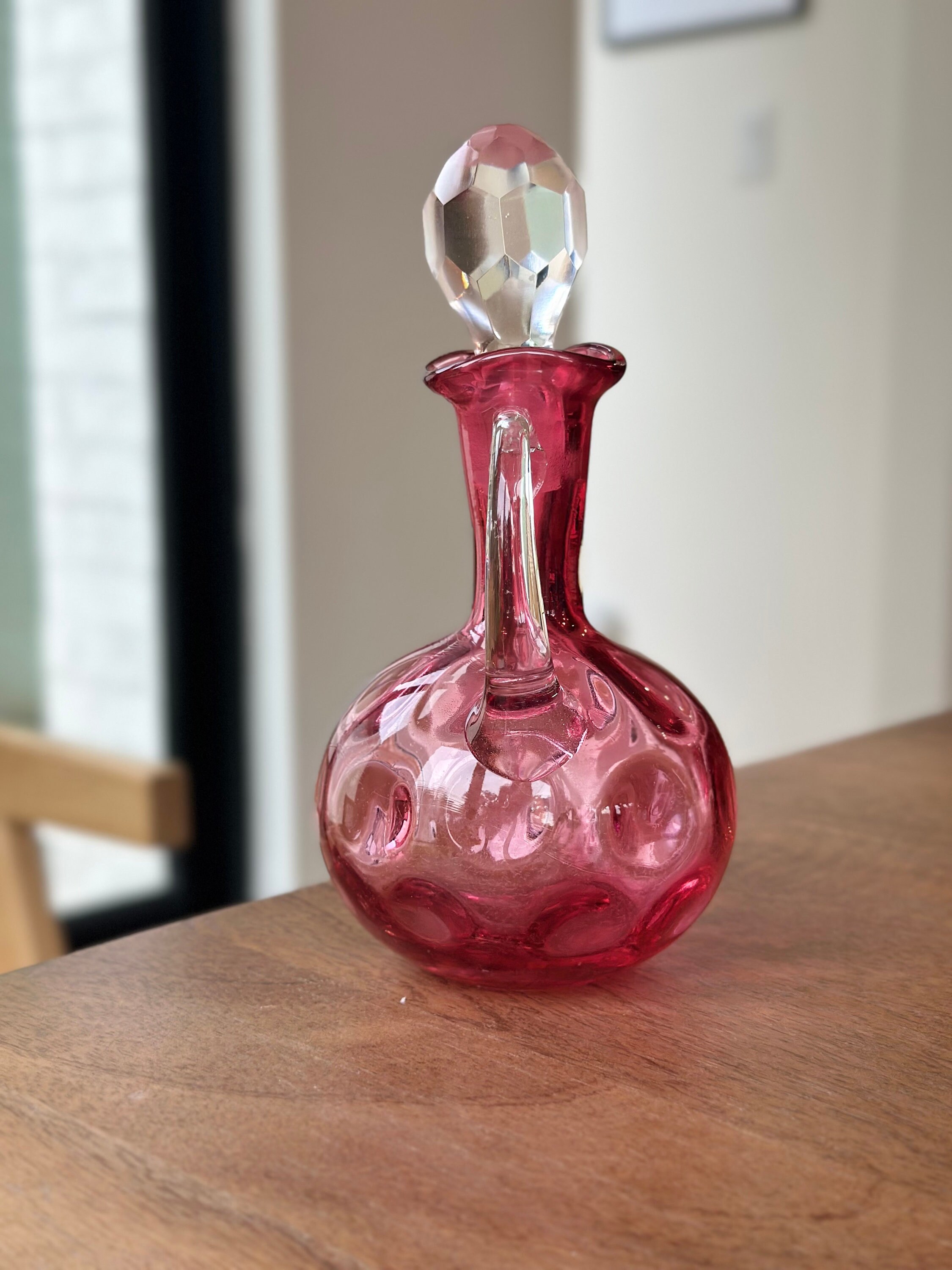 Vintage Fenton Cranberry Glass Coin Dot Cruet; Cranberry Fenton
