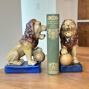 Vintage Staffordshire Style Lion Bookends with Ball; Gold Lion Statues