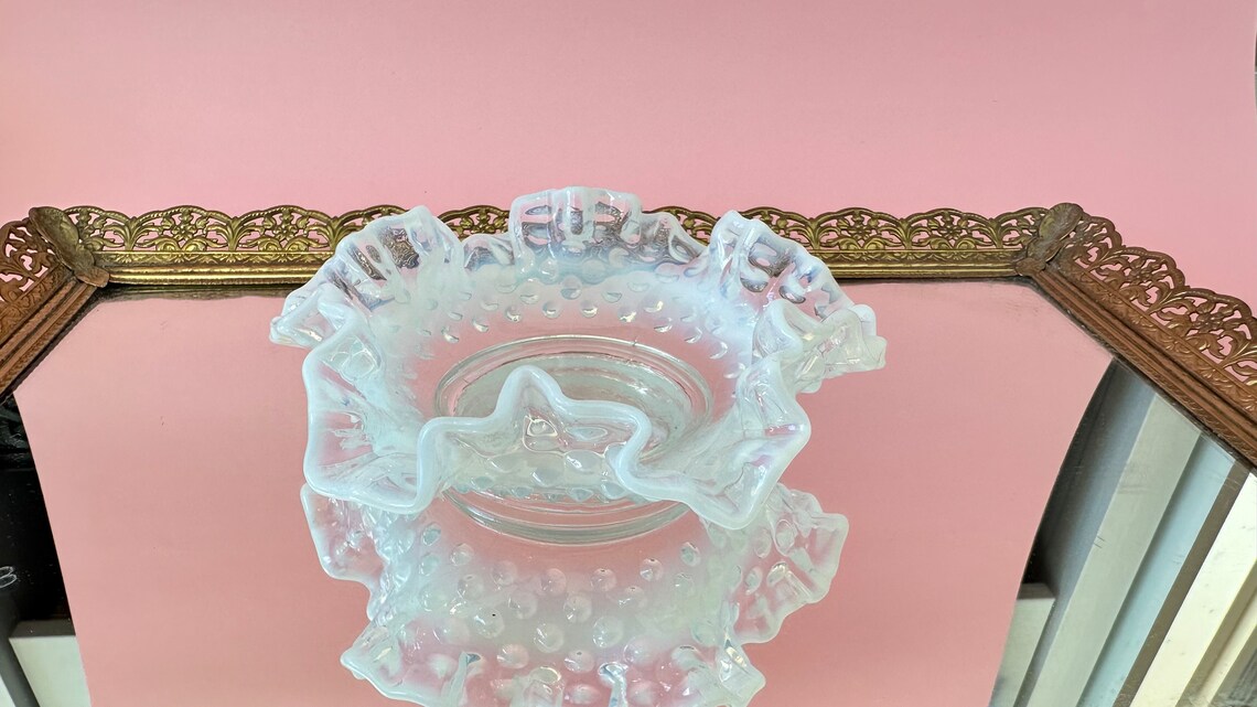Fenton White Opalescent Hobnail Glass Ruffled Edge Vintage 6" Candy ...
