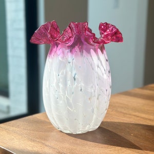 Cranberry Art Glass White Splatter Vase with Ruffle Edge