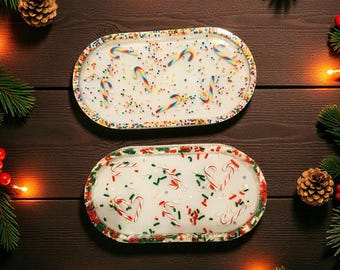Candy Cane dish, Epoxy tray, Christmas Baking, Unique xmas decorations, Sprinkle Gift, Santa cookie plate, Housewarming party, Oval tray