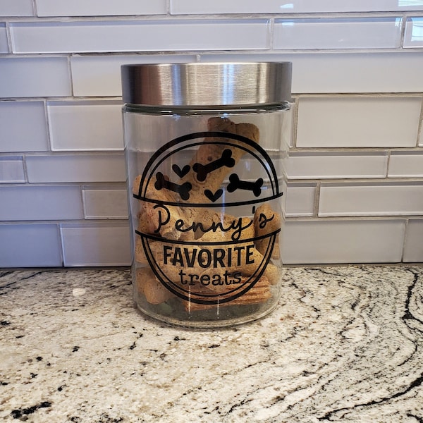 Dog Treat Jar, Personalized dog treat container, Custom Pet Gift, Favorite treats, Custom glass bone jar, Round shape dog jar, Dog treat pot
