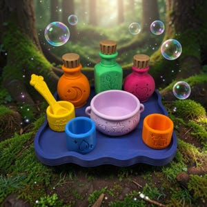 May include: A set of colorful potion-making accessories including three bottles with cork stoppers, a central lavender cauldron, two small cups, and a yellow spoon, all arranged on a dark blue tray with floating bubbles in the air.