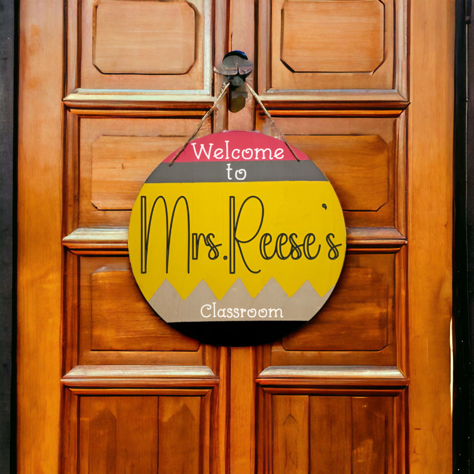 Teacher Pencil Door Sign, Round Teacher Door Hanger, Welcome Sign for ...