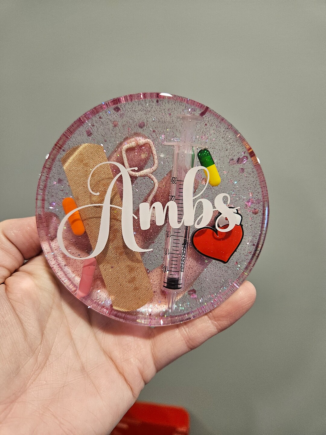 Datcraft Custom Red Pharmacy Resin Coaster - Nurse, Doctor Gift, Epoxy Drink Coaster With Pills