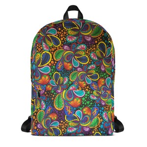 May include: A black backpack with a colourful paisley pattern. The pattern features shades of blue, green, yellow, orange, pink, and purple.