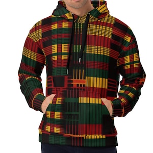 May include: A black hoodie with a colorful plaid pattern in red, yellow, and green. The hoodie has a drawstring hood and a kangaroo pocket.