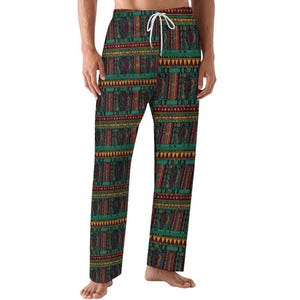 May include: Green, red, and orange patterned pajama pants with a drawstring waist.