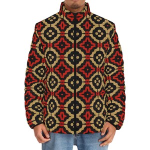 May include: A black, red and gold patterned jacket with a zip closure. The jacket has a stand-up collar and long sleeves.