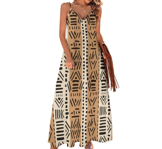 Brown Tones Kahawi - Womens Ankle-length Slip Dress - African - Mud Cloth Pattern