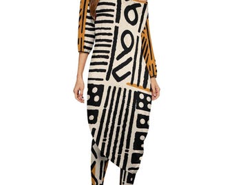 Afrocentric - Women - Shoulder - Kurti - Kurta - Two Piece Set - African - Mud Cloth Pattern