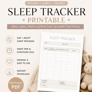 Könnte beinhalten: Ein druckbarer Schlaftracker mit dem Text "SLEEP TRACKER PRINTABLE". Das Design umfasst Abschnitte zur Verfolgung von Nickerchen, Nachtschlaf und täglichen Routinen. Zu den Funktionen gehören die Verfolgung von Nickerchen und Nachtschlaf, Protokolle der Aufwachzeit und -dauer und ist einfach zu bedienen.