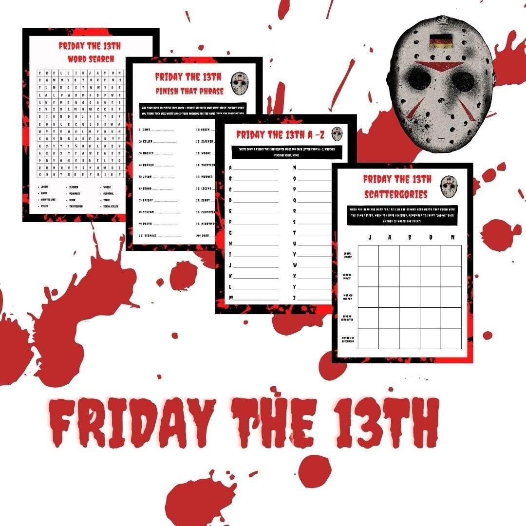 Friday the 13th Inspired Horror Movie Games. Word Search/ A - Z/  Scattergories / Finish That Phrase/Halloween. DIGITAL DOWNLOAD