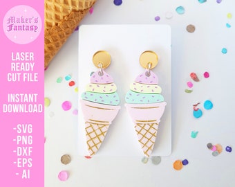 May include: A pair of ice cream cone earrings with pink, green, and yellow ice cream and gold sprinkles. The earrings are on a white background with confetti.
