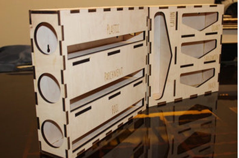 May include: A wooden organizer with three compartments labeled "FOIL", "PARCHMENT", and "PLASTIC". The organizer has a separate section with slots for various items, including "LANOLIN", "WAX", and "SOAP".