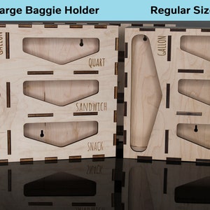 May include: Two wooden baggie holders, one labeled "Extra Large Baggie Holder" and the other labeled "Regular Size". Both holders have slots for different sizes of bags, including gallon, quart, sandwich, and snack.