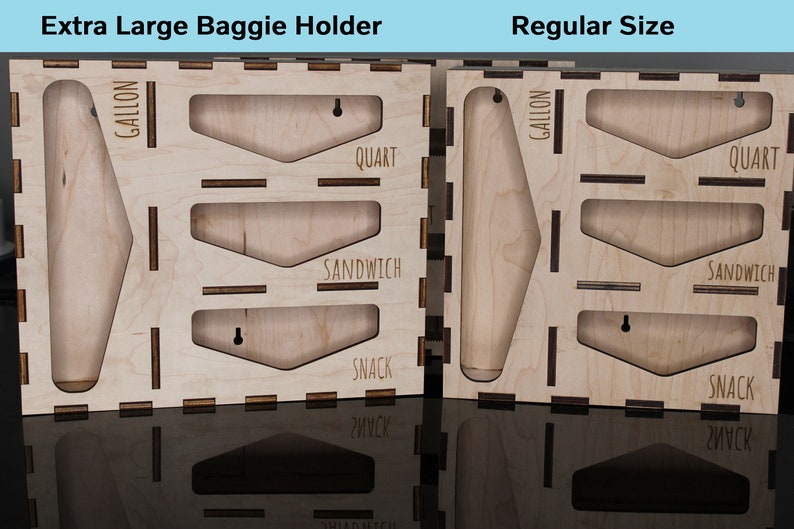 May include: Two wooden baggie holders, one labeled "Extra Large Baggie Holder" and the other labeled "Regular Size". Both holders have slots for different sizes of bags, including gallon, quart, sandwich, and snack.