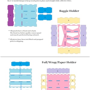 May include: Assembly instructions for pantry organizers with diagrams showing how to assemble a baggie holder and a foil/wrap/paper holder. The instructions include text that says "All panels have a front and a back. The front is a better quality veneer panel and may be preferred facing outward. All pieces have been test fitted and prepped prior to shipping."