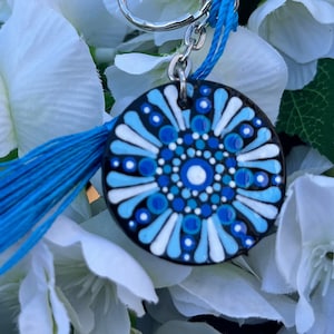 Keychain - Mandala Design on 1” Wooden disc, Hand-Painted with Tassels
