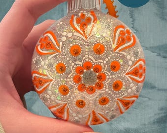 Hand-Painted Mandala Ornament – Glittery Orange Holiday Decor
