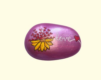Sunflower hearts and love Rock / Stone - Hand-Painted | Unique Rock Art Decor -
