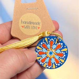 Keychain - Mandala Design on 1” Wooden disc, Hand-Painted with Tassels