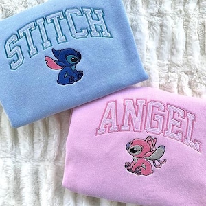 Stitch And Angel Embroidered Couple Sweatshirt, Anniversary Embroidered Sweatshirt, Disney Matching Hoodie, Gift For Couple