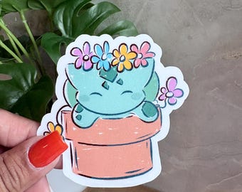 bulbasaur Flower Crown Vinyl Sticker for Laptop, Water Bottle, Notebook - 3-Inch Water-Resistant Sticker - Perfect Gift for Pokemon Fans