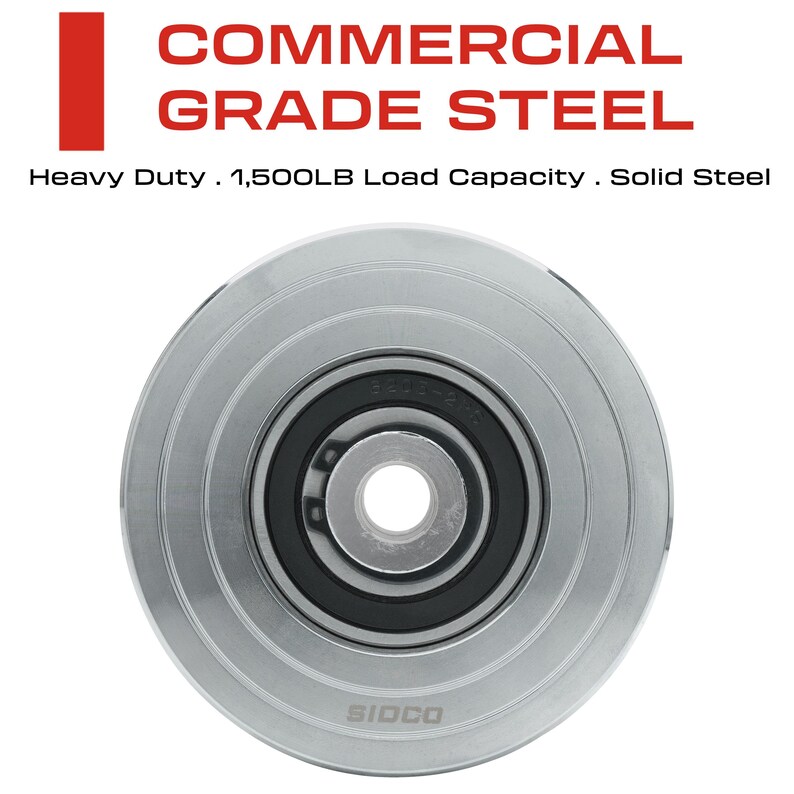 K&ouml;nnte beinhalten: Eine silberne Metallrolle mit einem schwarzen Lager und einem Sidco-Logo. Die Rolle ist mit "Commercial Grade Steel" und "Heavy Duty, 1,500LB Load Capacity, Solid Steel" beschriftet.