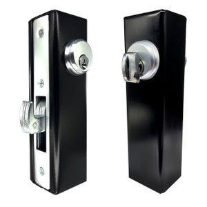 May include: Two black metal door lock sets with silver keyholes and handles. The locks have a rectangular shape and are designed for sliding doors.