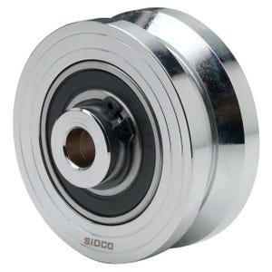 Könnte beinhalten: Eine silberne Metallrolle mit einem schwarzen Lager und einer silbernen Metallwelle. Die Rolle hat eine Nut für ein Seil oder Kabel. Die Rolle ist mit "SIDCO" beschriftet.