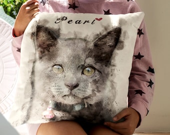 Custom Cat Pillow - Personalized Pet Memorial - Custom Watercolor Pet Portrait